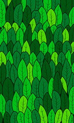 textured vector background with plant leaves, green tones, vertical format