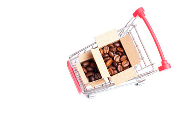 Push cart with shipping boxes full of coffee beans