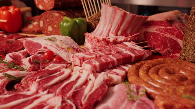 Fresh raw meat showcase along with sausages and barbeque preps. Meat industry set of multiple raw products from bio grown animals.