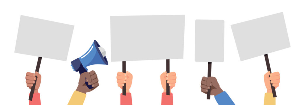 People holding placards isolated on white background. People against violence, descrimination, human rights. Protesters concept. Vector stock