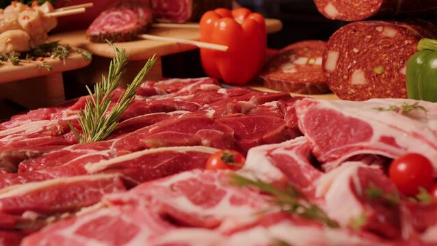 Close up delicious meat table layout raw steaks and sausages. Premium organic meat to sell in market. Meat industry concept.