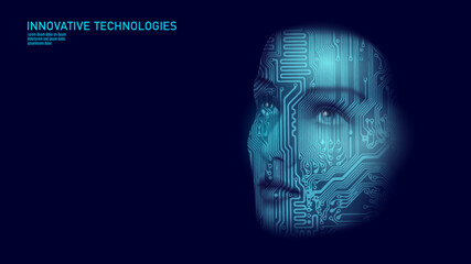Obraz premium Virtual assistant voice recognition service technology. AI artificial intelligence robot support. Chatbot beautiful female face low poly vector illustration