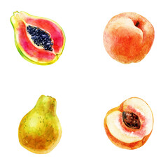Watercolor illustration, set. Fruit. Peaches and papaya.
