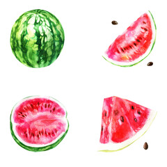 Watercolor illustration, set. Watermelon, half a watermelon, a piece of watermelon, a slice of watermelon. - 537513458