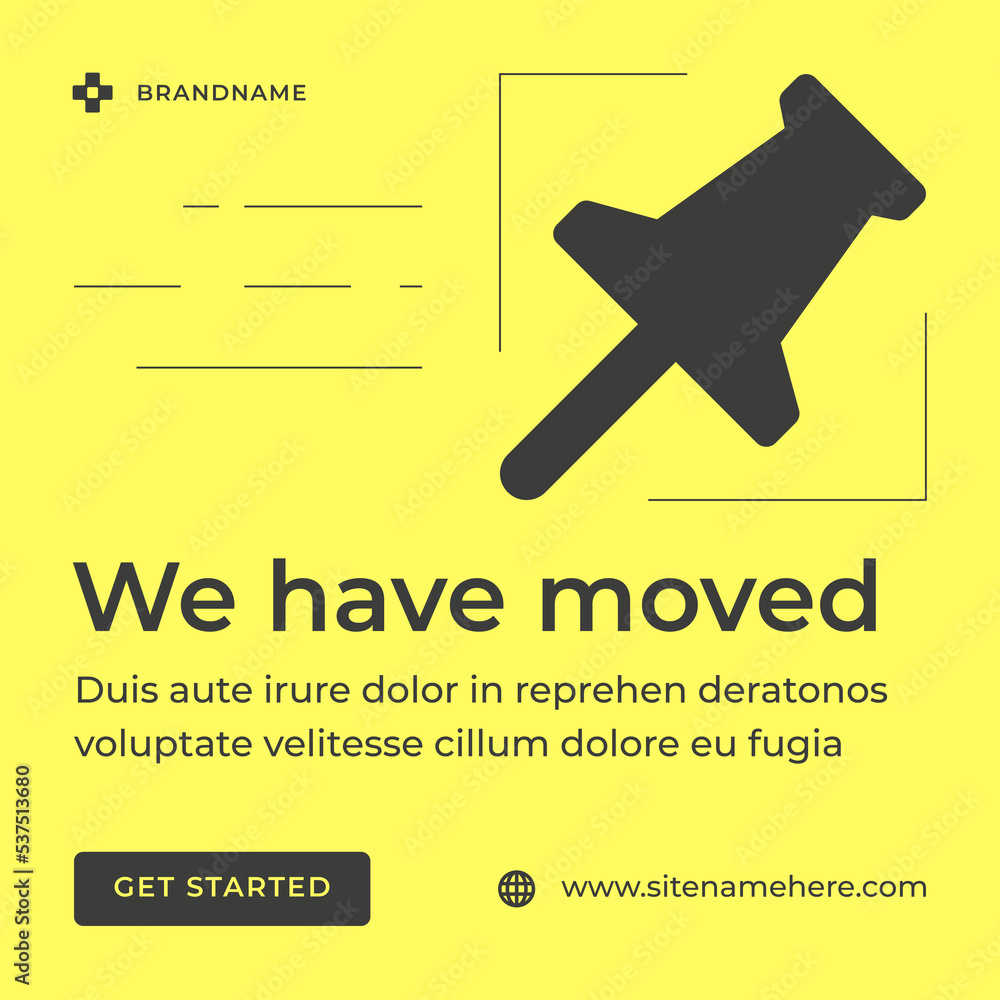 Poster we have moved attention message web page address change relocation yellow social media post vector