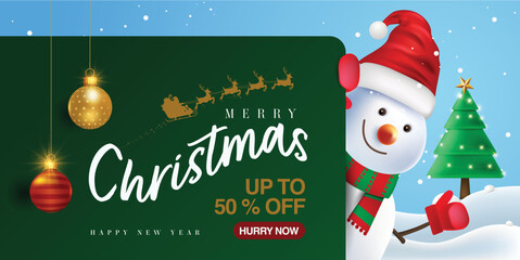 Christmas special offer banner template and greeting banner with reindeer, snowman holding placard doing a thumbs up and snowflakes.