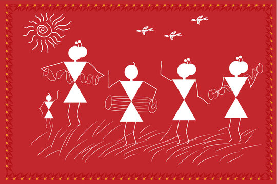 Happy Vaisakhi Warli Art Isolated Red Background