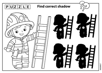 Puzzle Game for kids. Find correct shadow. Coloring Page Outline Of cartoon fireman or firefighter with a fire extinguishing ladder and a hatchet. Profession. Coloring book for children.