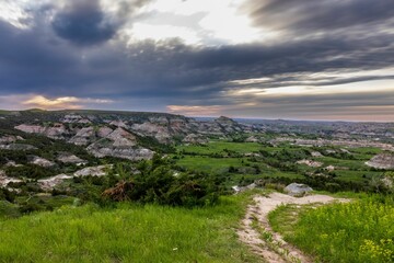 Scenic view of the Theodore Roosevelt National Park on a cloudy day