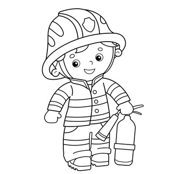 Coloring Page Outline Of cartoon fireman or firefighter with a fire extinguisher. Profession. Coloring Book for kids.