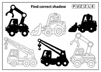 Puzzle Game for kids. Find correct shadow. Construction vehicles. Cartoon truck crane, loader or lift truck and bulldozer. Coloring book for children.
