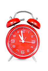 The red alarm clock is set to 10:58.isolated on a white background
