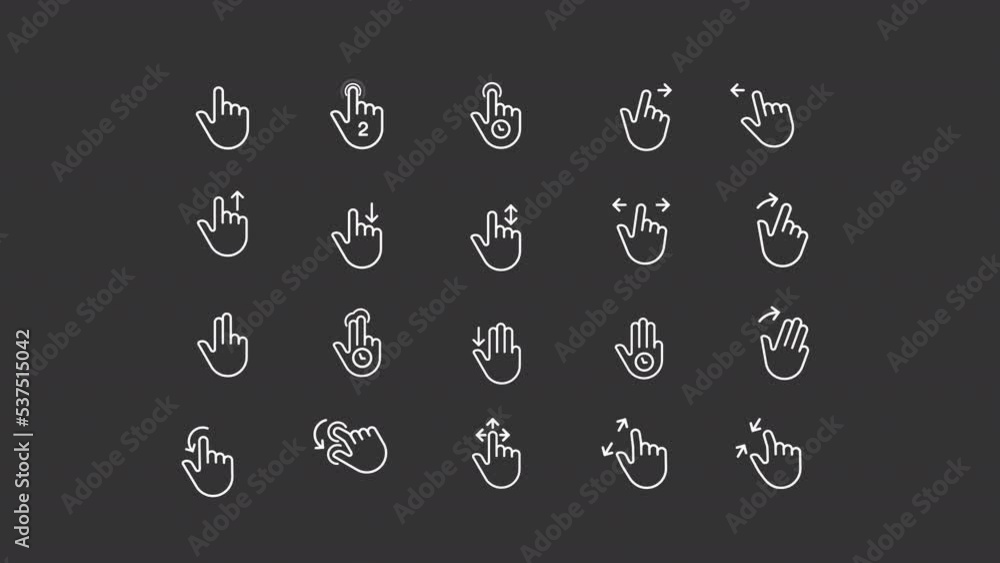 Poster animated touch white linear icon set. touchscreen control. gestures navigation. seamless loop hd vid