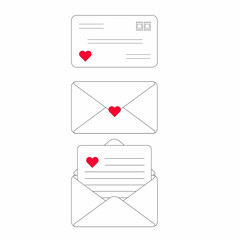 Flat Valentine graphics including envelopes and letters with red hearts. Perfect resource to use in love-related works of art.