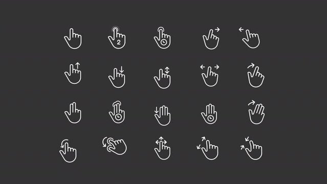 Animated touch white linear icon set. Touchscreen control. Gestures navigation. Seamless loop HD video with alpha channel on transparent background. Motion graphic design collection for night mode