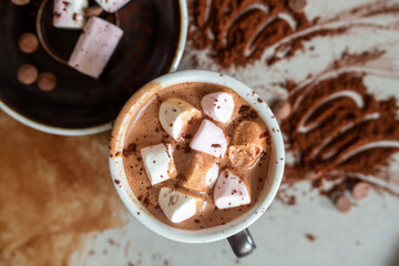 Cacao, coffee, hot chocolate with marshmallows