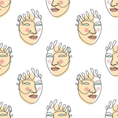 Seamless pattern with black single line drawings of female face and abstract shapes. On white background