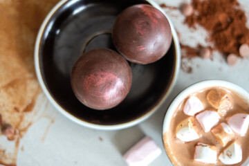 Cacao, coffee, hot chocolate with marshmallows