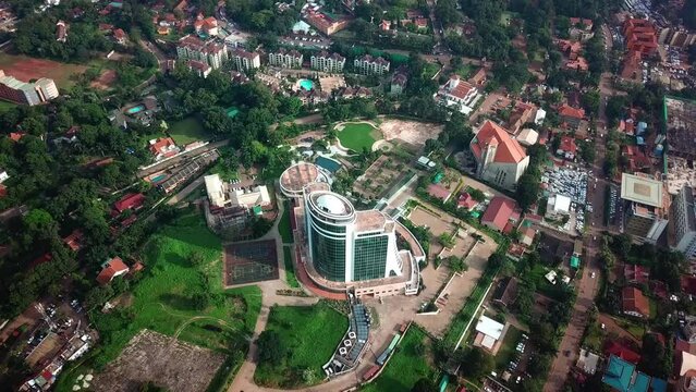 Aerial Drone View Of Pearl Of Africa Hotel In The City Center Of Kampala, Uganda.
