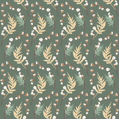 Boho seamless pattern with eucalyptus and cotton on green background.