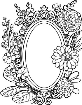 Vintage mirror with swirls and fantasy flowers and leaves. Coloring page antistress for children and adults. Vector illustration isolated on white background