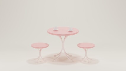 Round pastel modern minimal table set with chairs. mock up minimal interior design concept with copy space 3d render 3d illustration.