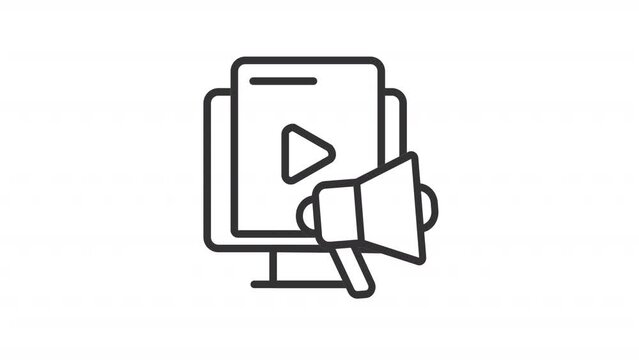 Animated video marketing linear icon. Multimedia content. Social media. Promotional clip. Seamless loop HD video with alpha channel on transparent background. Outline motion graphic animation