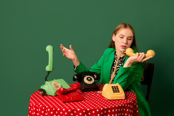 Pop art photography. Retro objects and modern youth. Young girl in retro style clothes sitting at table with vintage phones. Complementary trendy colors