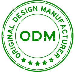 Grunge green ODM Original Design Manufacturer word round rubber seal stamp on white background