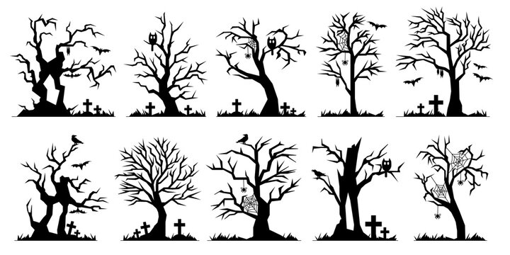 Flat set of spooky halloween tree silhouettes. Perfect for the Halloween vibe!