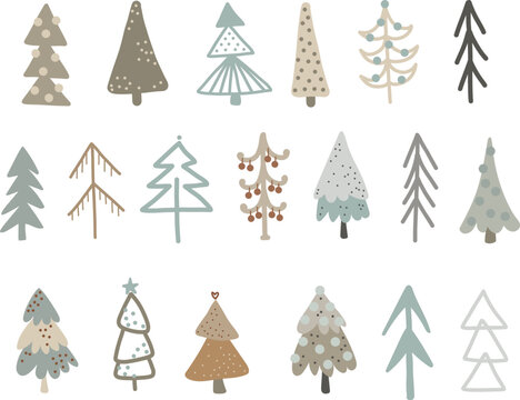 set of winter Christmas trees vector illustration for design, print, pattern, isolated on white background