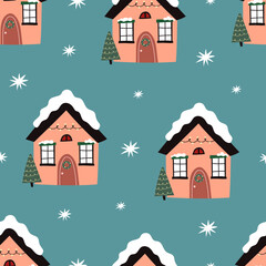 holiday Seamless pattern with cartoon houses, decor elements. colorful vector for kids, flat style. hand drawing. Baby design for fabric, textile, print, wrapper.