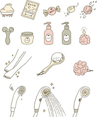 ビューティー　バスルームグッズのイラストレーションセット