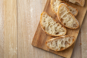 Ciabatta. Slices of freshly baked italian sour dough bread