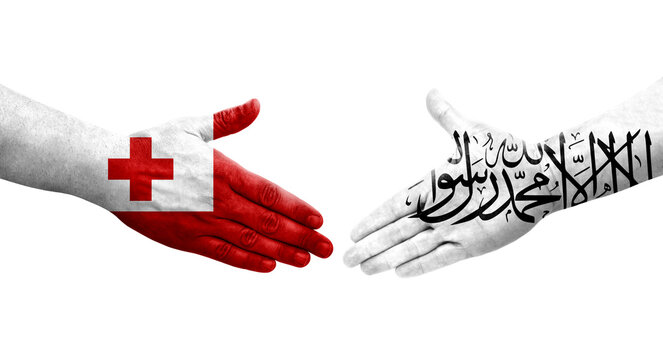 Handshake between Afghanistan and Tonga flags painted on hands, isolated transparent image.