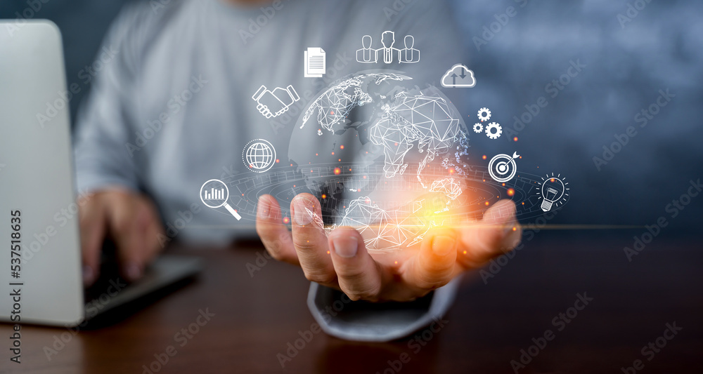 Poster man hand holding virtual global internet connection metaverse. business global internet connection a