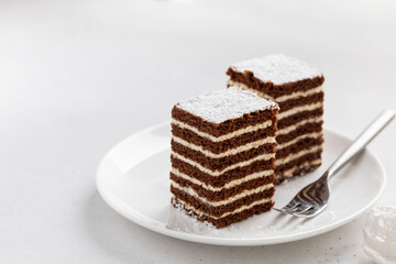 Delicious chocolate honey cake on white plate, selective focus, copy space