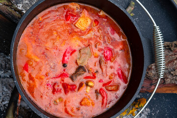 Kettle Hungarian goulash soup with potatoes