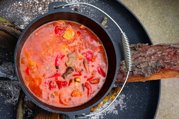 Kettle Hungarian goulash soup with potatoes
