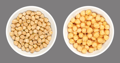 Chickpeas, dried and boiled, in white bowls, over gray. Raw and cooked chick peas, high in protein seeds of Cicer arietinum, a legume, also known as garbanzo beans or gram. Isolated, macro food photo.