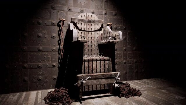 A close-up view of the torture chair and chains used in a medieval torture chamber.