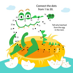 Connect the dots from 1 to 30. Educational puzzle game. Math and numbers. Funny crocodile in nest with eggs. Activity page for children. Vector illustration.