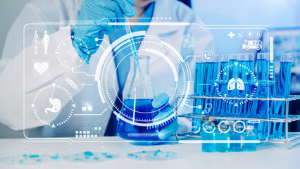 Healthcare professional holding Coronavirus COVID-19 vaccine in laboratory study and analyze scientific sample of Coronavirus antibody..