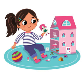 The little girl is playing with her dollhouse. Vector illustration.