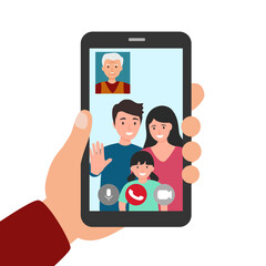 Family video call on smartphone in flat design on white background.