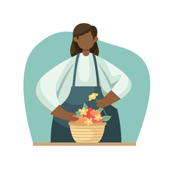 Vector illustration of a florist making up a bouquet. Profession. Flat style