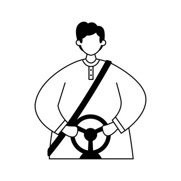 Vector Illustration Of A Driver Wearing A Seat Belt And Hands On The Steering Wheel. Profession. Line Art