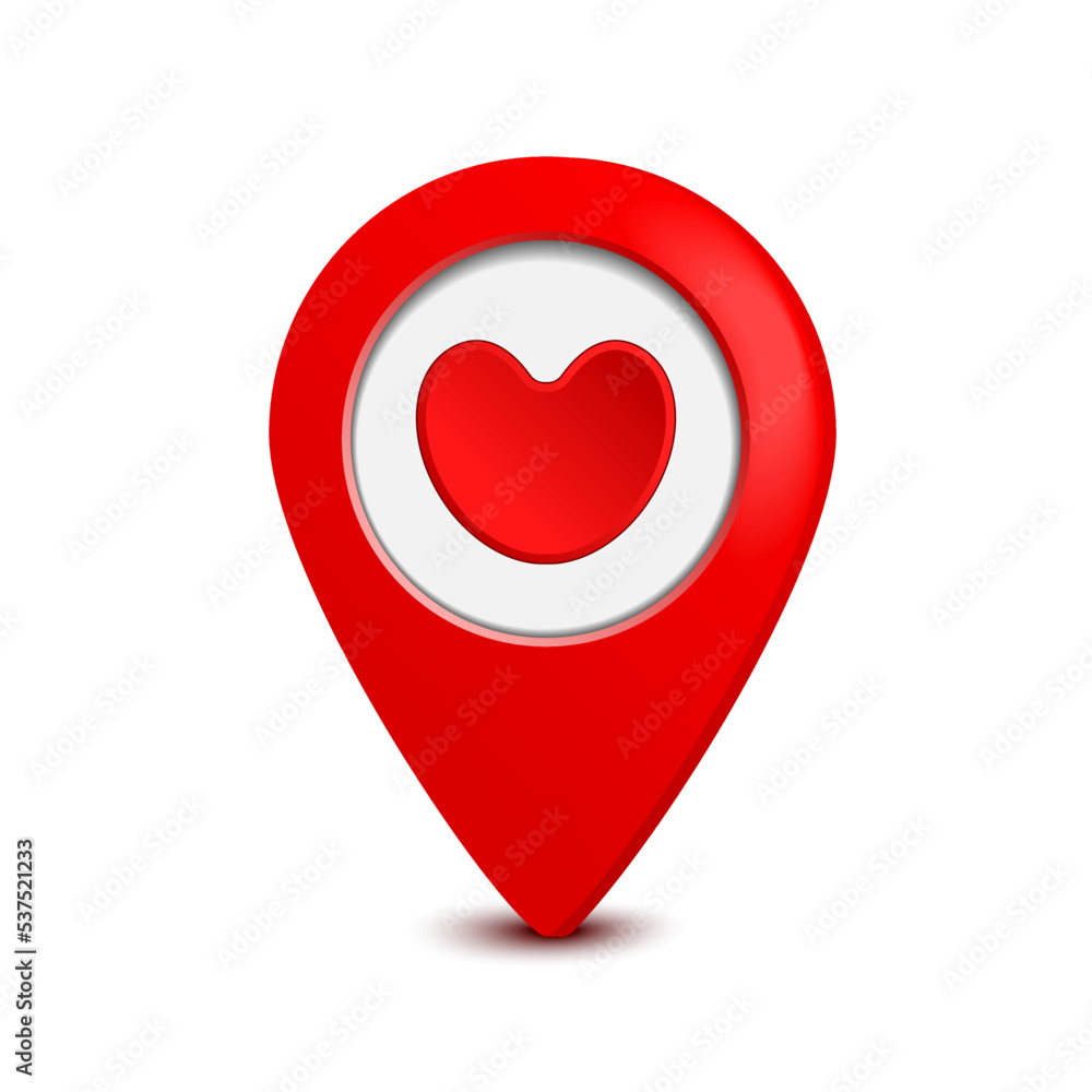 Poster map pointer with heart icon isolated on white background. 3d rendering