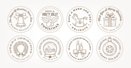 Decorative line art frame with christmas greetings and symbols. Vector illustration. Holiday stamp with christmas objects.