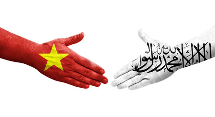 Handshake between Afghanistan and Vietnam flags painted on hands, isolated transparent image.